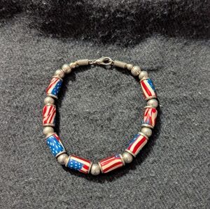 Silver Tone Red White Blue Patriotic American Flag Polymer Clay Beaded Bracelet